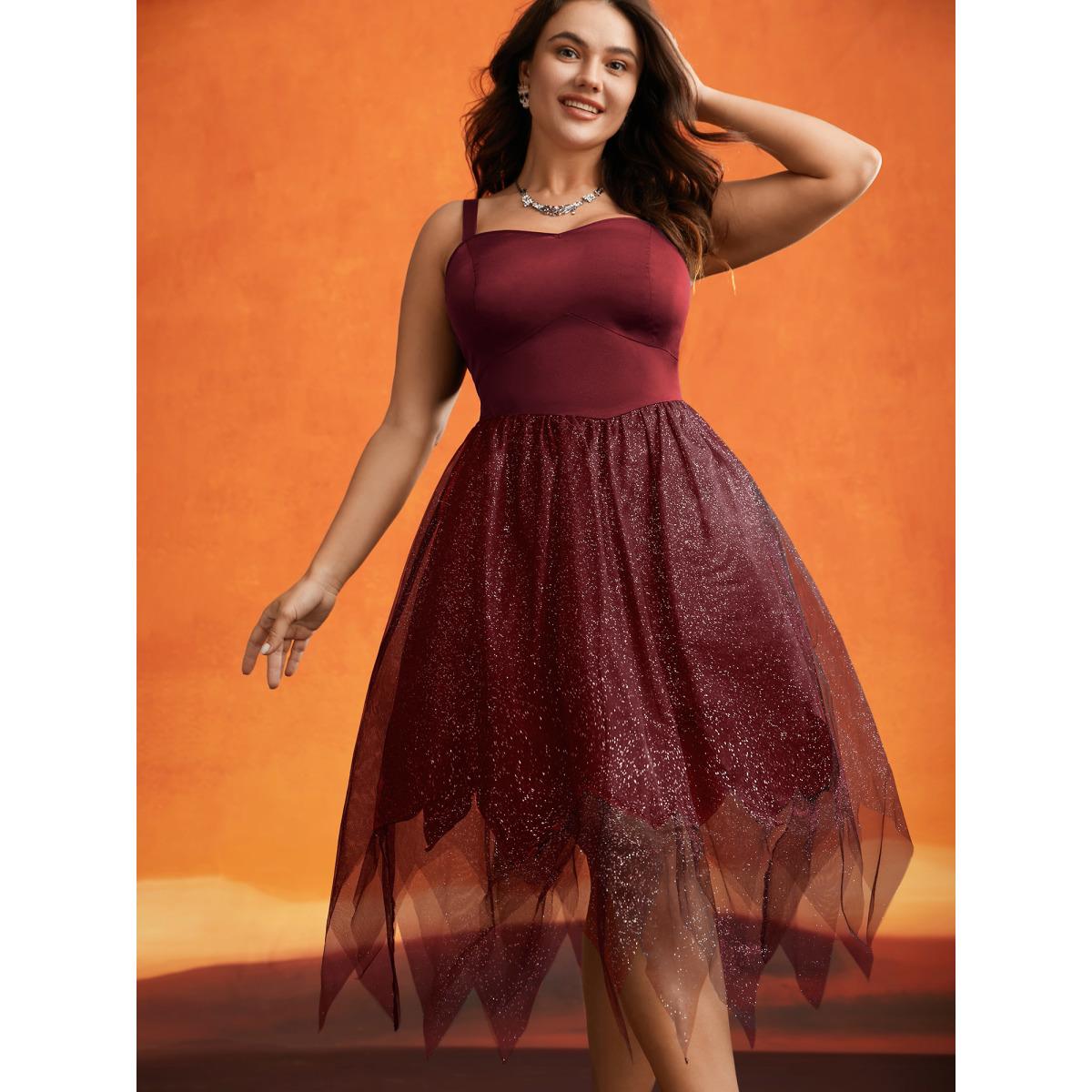 Plus Size Enchanted Shiny Mesh Petal Hem Midi Dress Burgundy Women Cocktail Texture Party Curvy Bloomchic 22-24/3X Product Image