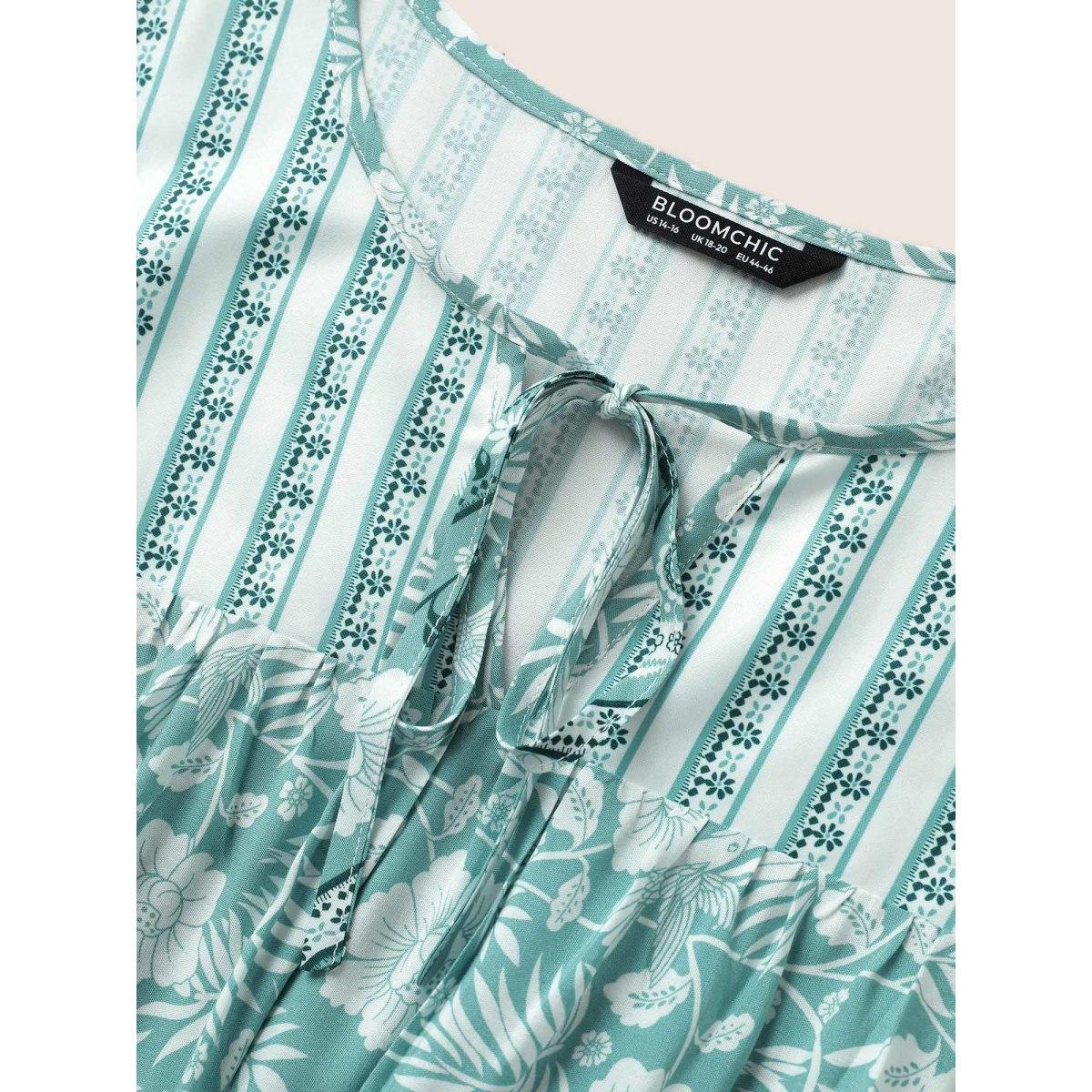 Plus Size Boho Print Tie Neck Belted Pleated Dress Turquoise Women Resort Non V-neck Sleeveless Curvy Midi Dress BloomChic 26/4X Product Image