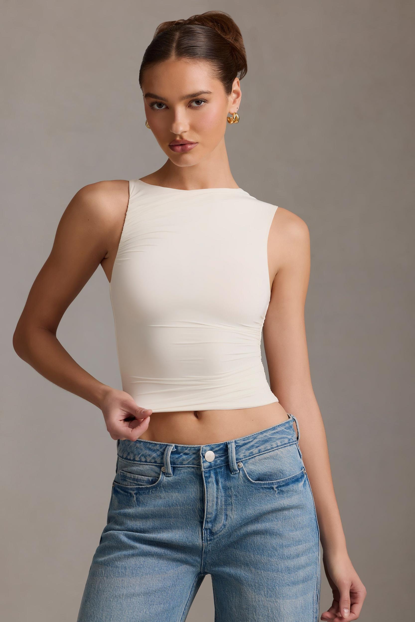 Asymmetric Ruched Tank Top in Vanilla Product Image