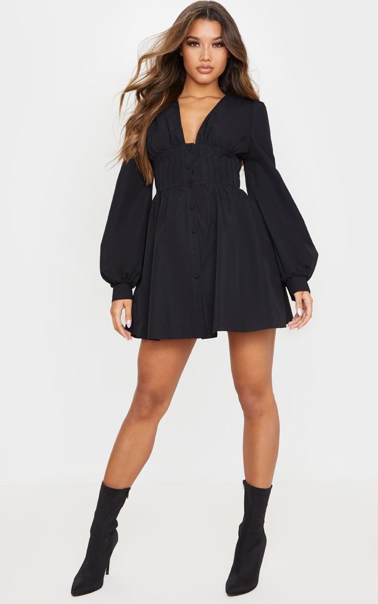 Black Button Front Fitted Puff Sleeve Skater Dress Product Image