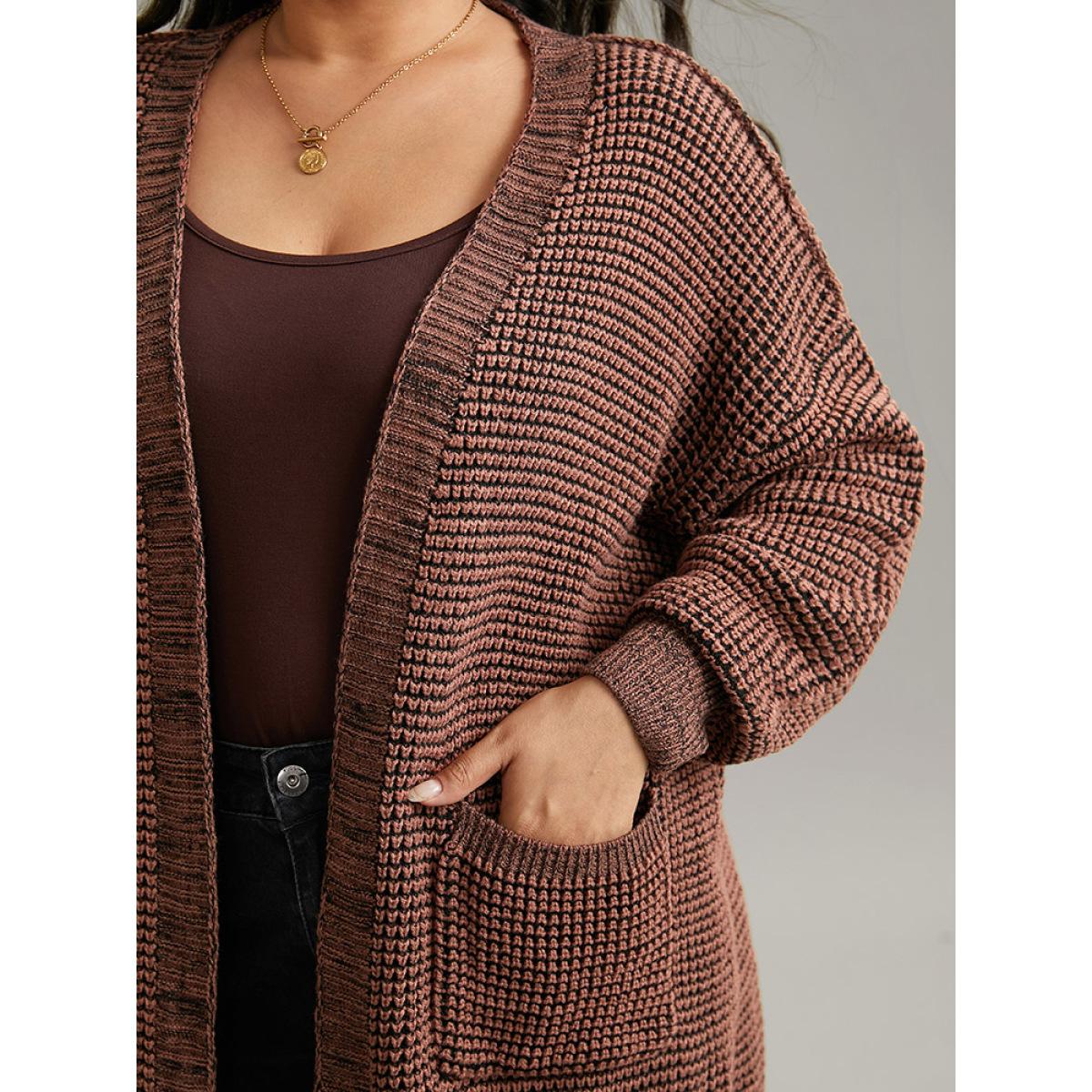 Plus Size Plisse Plain Patched Pocket Tunic Cardigan DarkBrown Women Casual Loose Long Sleeve Dailywear Cardigans BloomChic 22-24/3X Product Image
