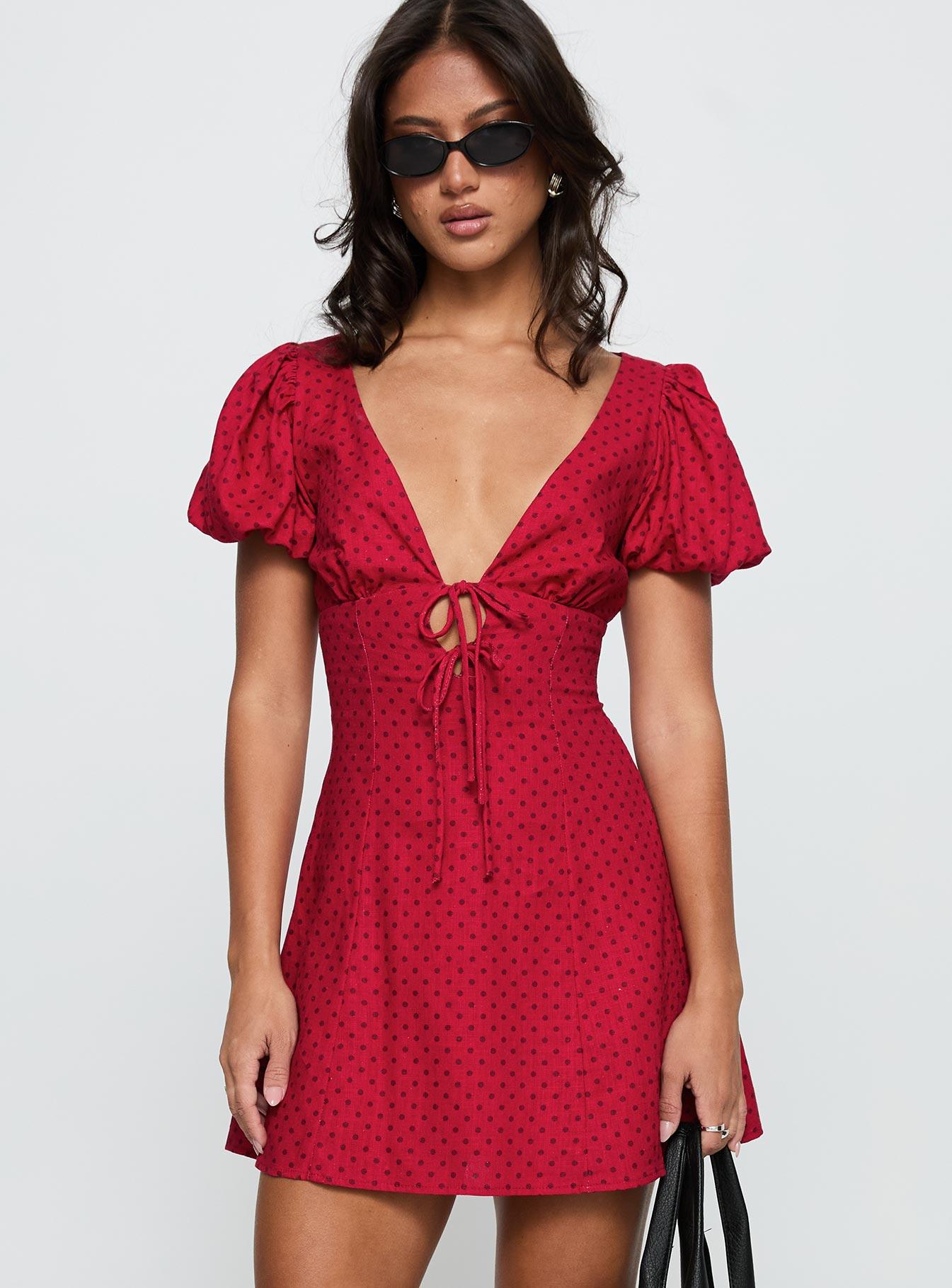 Beloved Puff Sleeve Linen Blend Mini Dress Red Polka Product Image