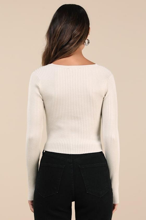 Exceptionally Confident Cream Ribbed Cross-Front Sweater Top Product Image