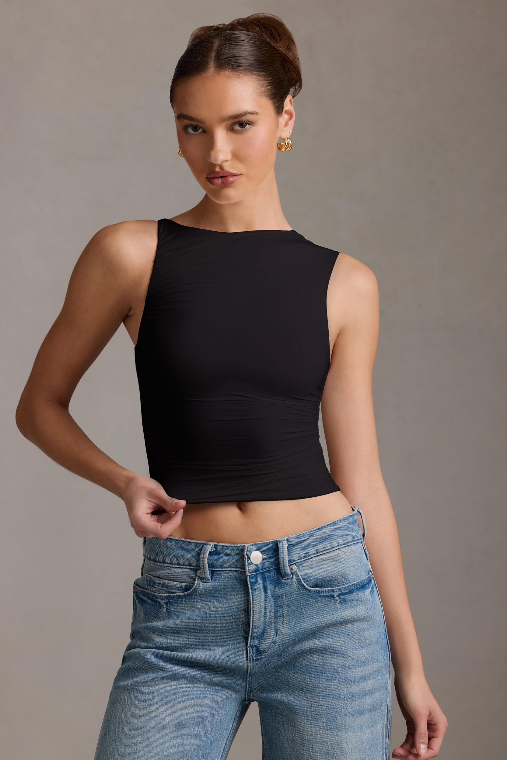 Asymmetric Ruched Tank Top in Black Product Image