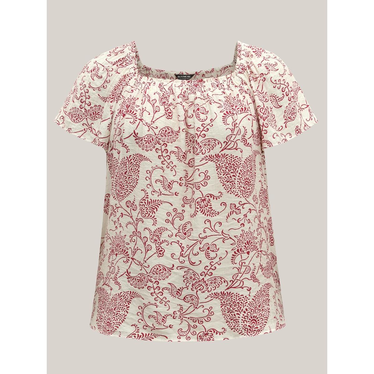 Plus Size Ivory Floral Print Shirred Neck Flowy Blouse Women Short sleeve Square Neck Vacation Blouses BloomChic 28/5X Product Image