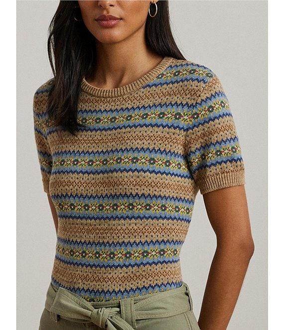 Lauren Ralph Lauren Petite Size Cotton-Blend Printed Ribbed Crew Neck Short Sleeve Sweater Product Image