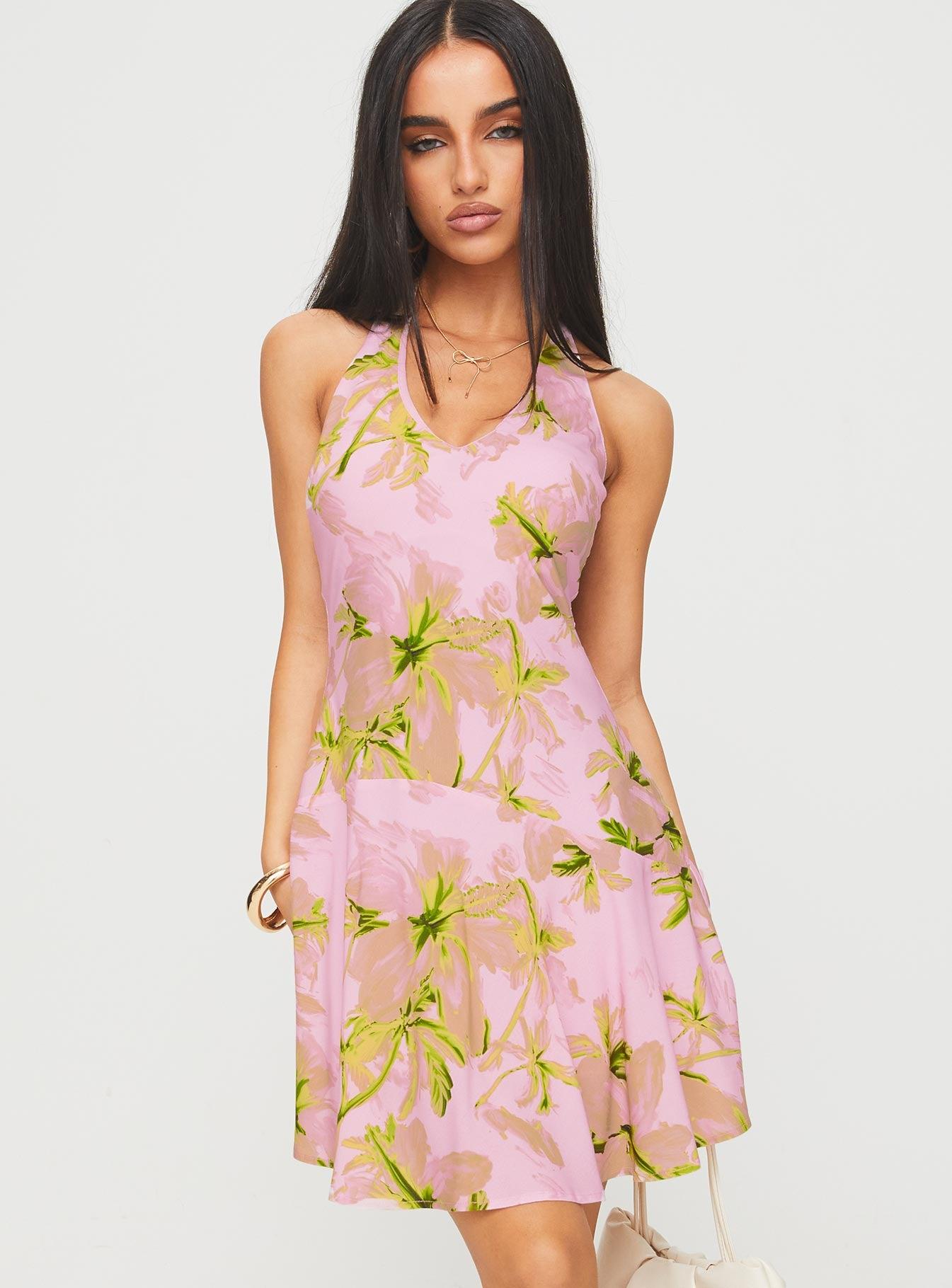 Alcedo Halter Mini Dress Pink / Green Product Image