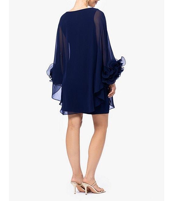 Xscape Boat Neck Sheer Long Cape Sleeve Wire Ruffle Trim Mini Dress Product Image