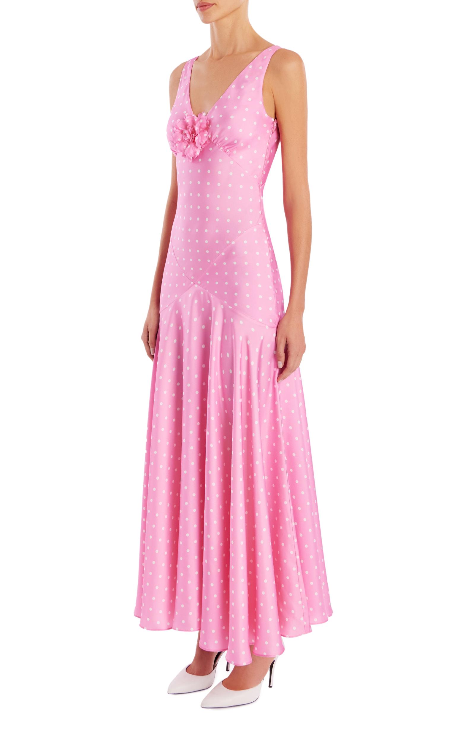 Pink Polka Dot Silk Twill Bias Dress With Flower Detail Product Image