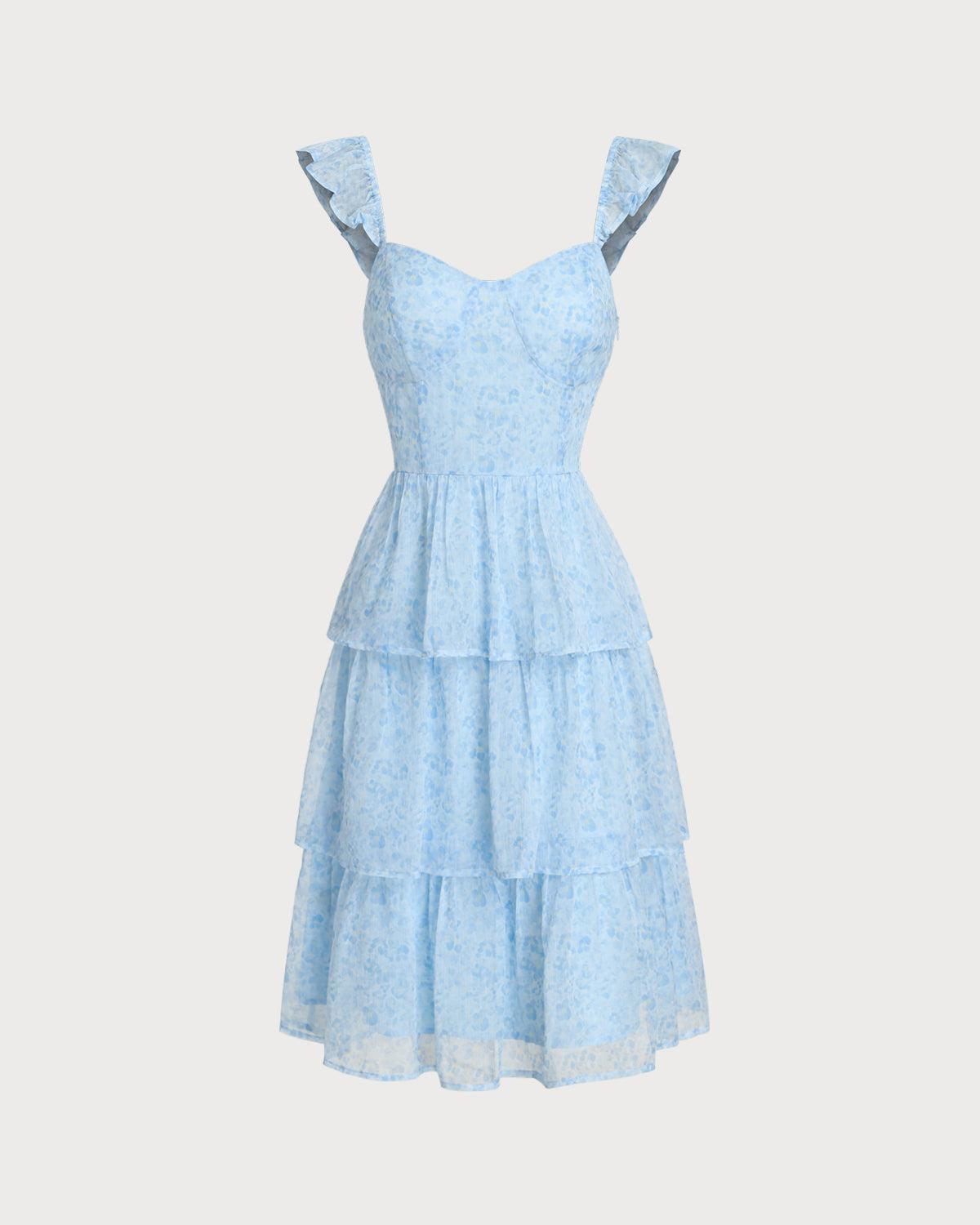 Blue Sweetheart Neck Tiered Midi Dress Product Image
