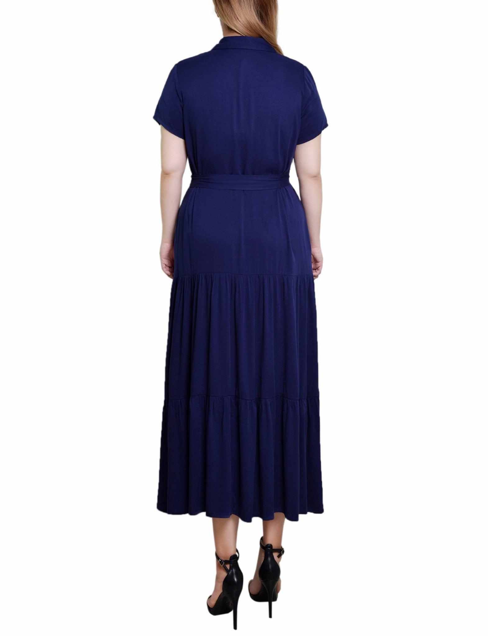 Navy Short Sleeve Midi Twill Dress - Petite Product Image
