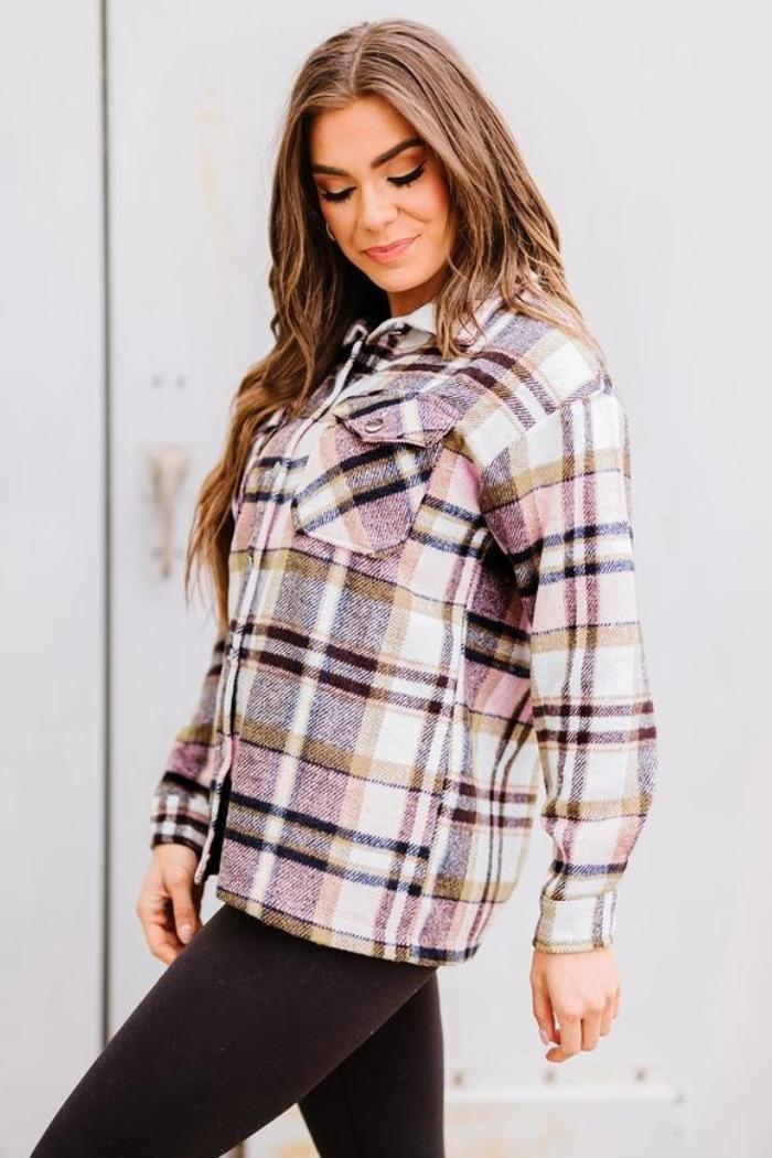 Plaid Print Pocketed Shacket Product Image