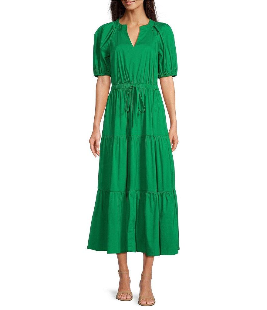 Anne Klein Poplin V-Neck Short Puff Sleeve Waist Tie Blouson Midi Dress Product Image