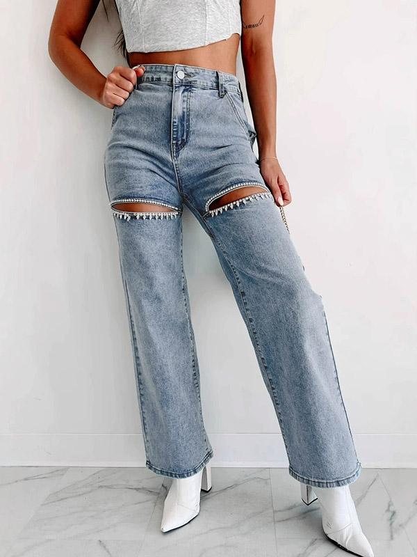 High Waisted Straight Leg Ripped Split-Joint Jean Pants Bottoms Product Image