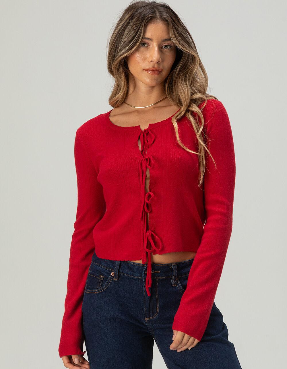 FULL TILT 3 Tie Front Womens Pointelle Cardigan - RED Product Image