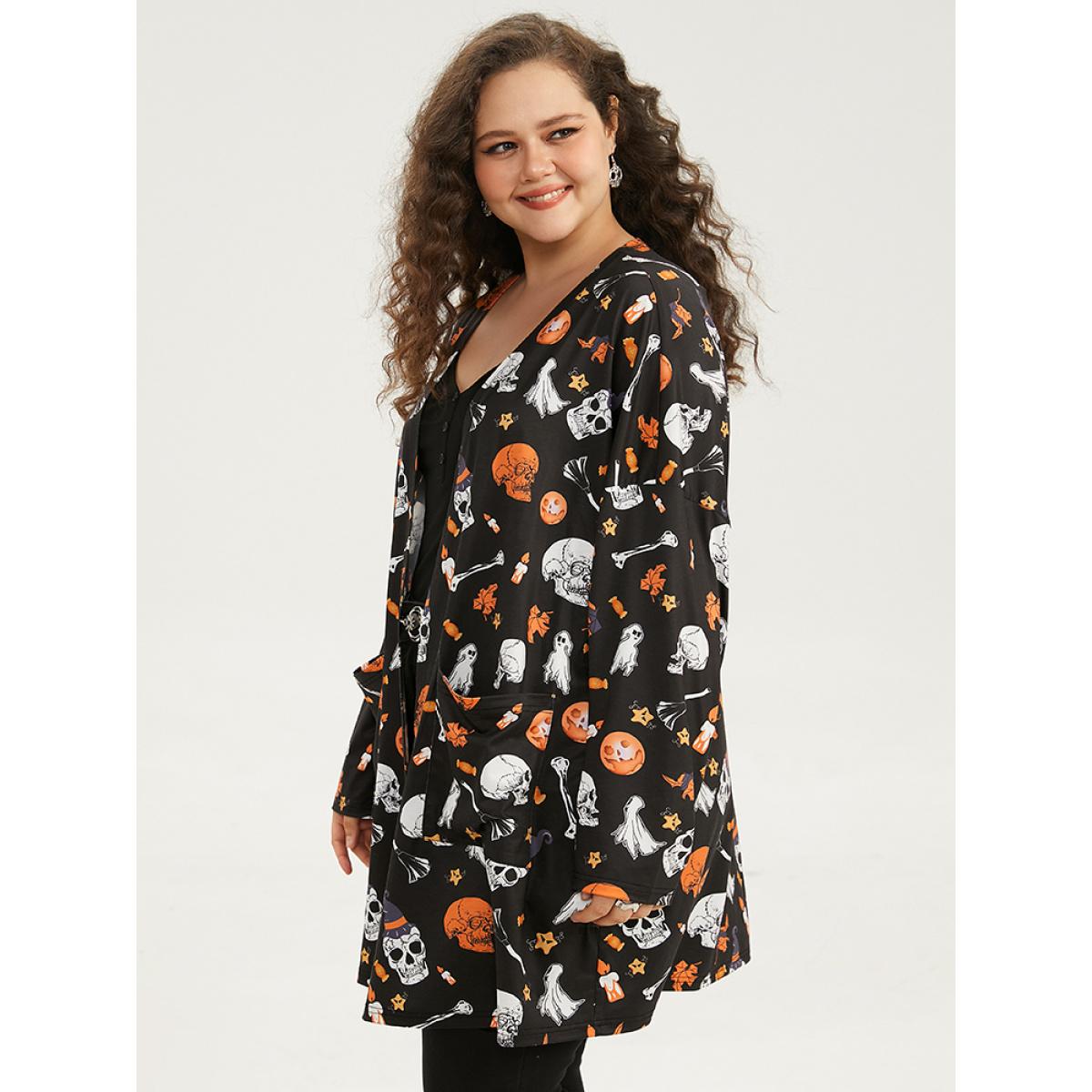 Plus Size Halloween Graphic Patched Pocket Tunic Kimono Women Black Casual Drape Pocket Dailywear Kimonos BloomChic 10/M Product Image