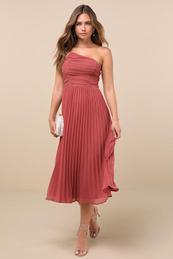 Wondrous Muse Rusty Rose Pleated One-Shoulder Midi Dress Product Image