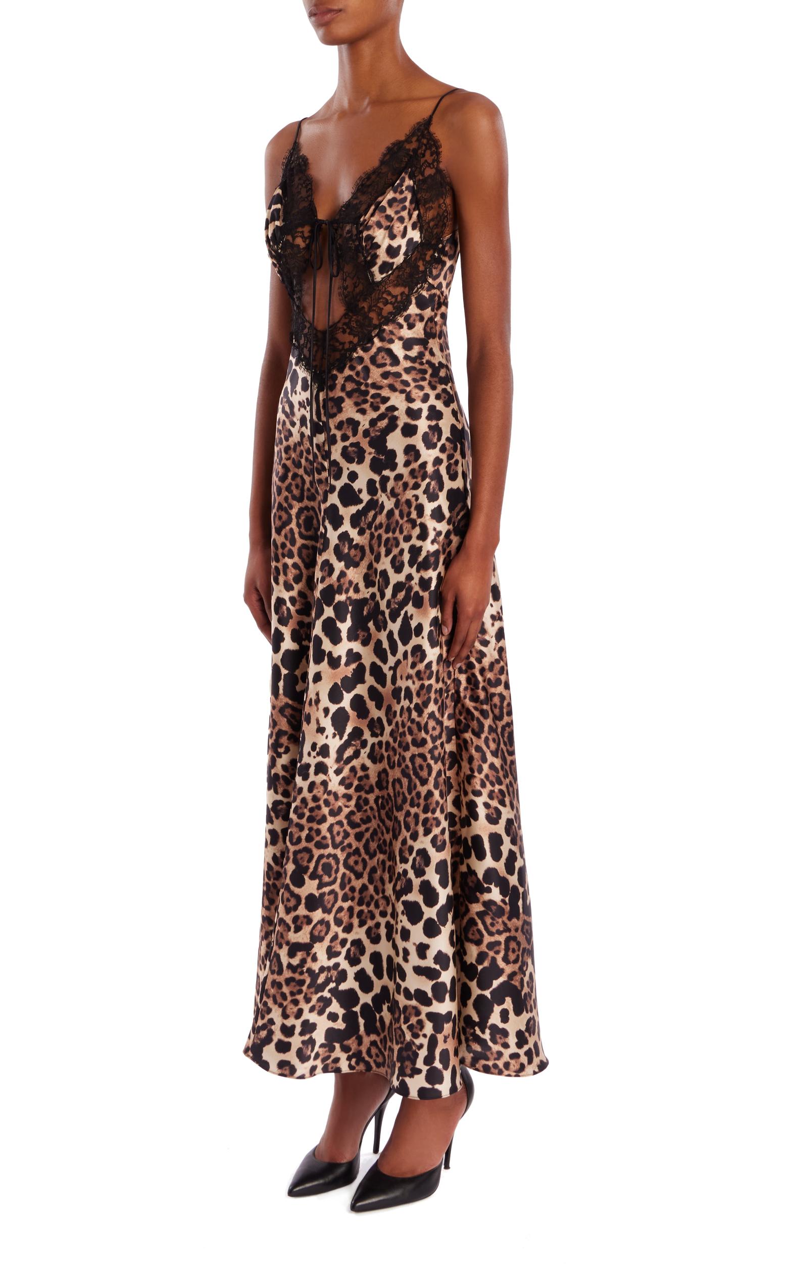 Leopard Printed Silk Bias Dress With Black Lace Product Image