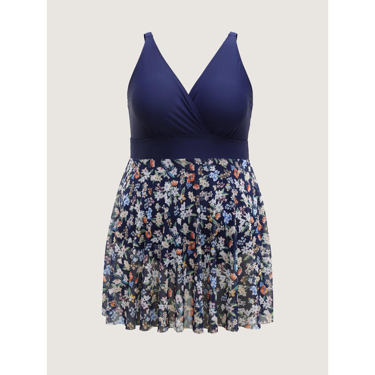 Plus Size Floral Print Sheer Color Contrast Swim Dress Women's Swimwear Indigo Beach Bodycon Overlap Collar High stretch Curve Swim Dresses BloomChic 14-16/1X Product Image