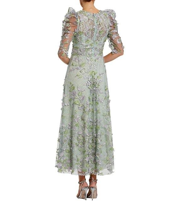 Mac Duggal Embroidered Floral Lace Crew Neck 3/4 Puff Sleeve A-Line Midi Dress Product Image