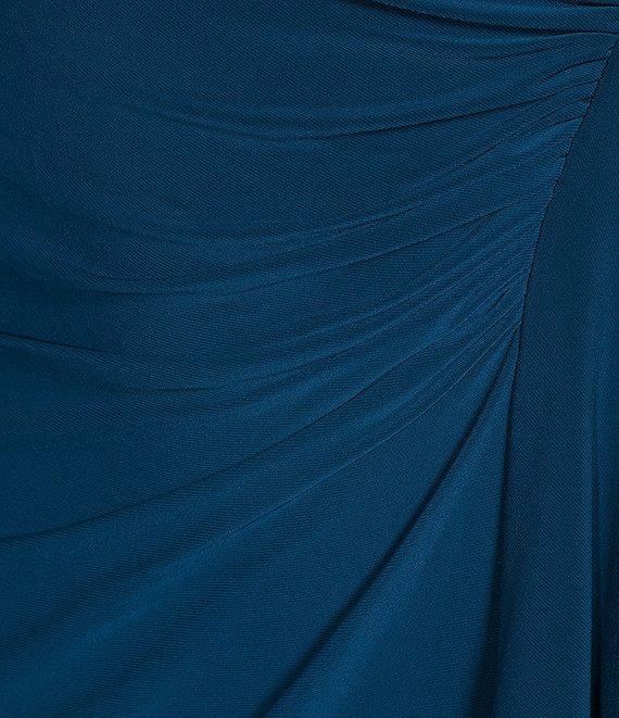 Alex Evenings Matte Jersey V-Neck 3/4 Embellished Cuff Sleeve Cascade Ruffle Detail Sheath Dress Product Image