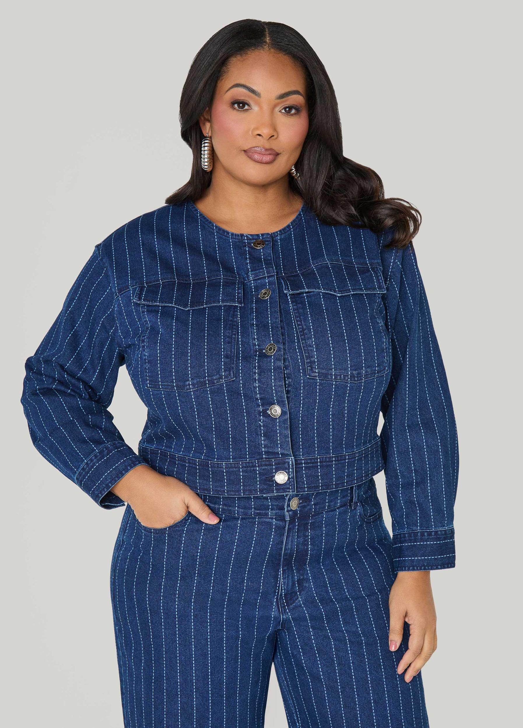 Pinstriped Denim Crop Jacket Product Image