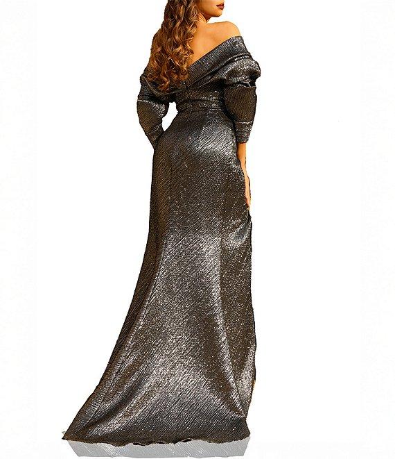 Terani Couture Off The Shoulder 3/4 Sleeve Metallic Jacquard Mermaid Gown Product Image