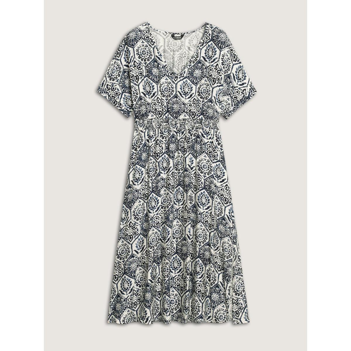 Plus Size Boho Geometric Print Split Midi Dress DarkBlue Women Boho V-neck Short sleeve Curvy BloomChic 18-20/2X Product Image