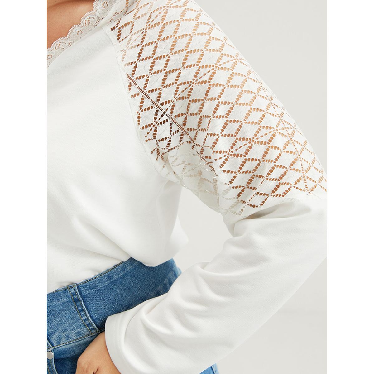 Plus Size Solid Contrast Lace	V Neck Long Tee White Women Elegant Patchwork Plain V-neck Dailywear T-shirts BloomChic 30/6X Product Image
