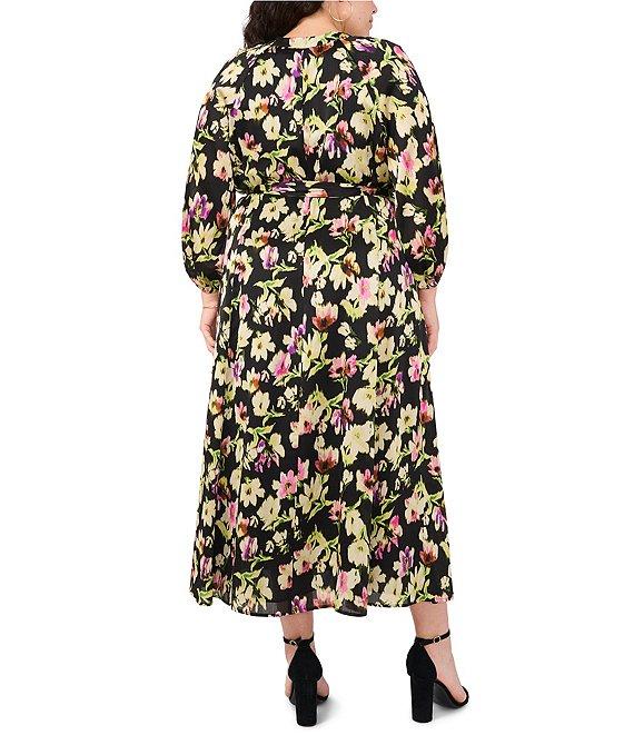 Vince Camuto Plus Size Woven Floral Print V-Neck 3/4 Sleeve Belted Maxi Dress Product Image