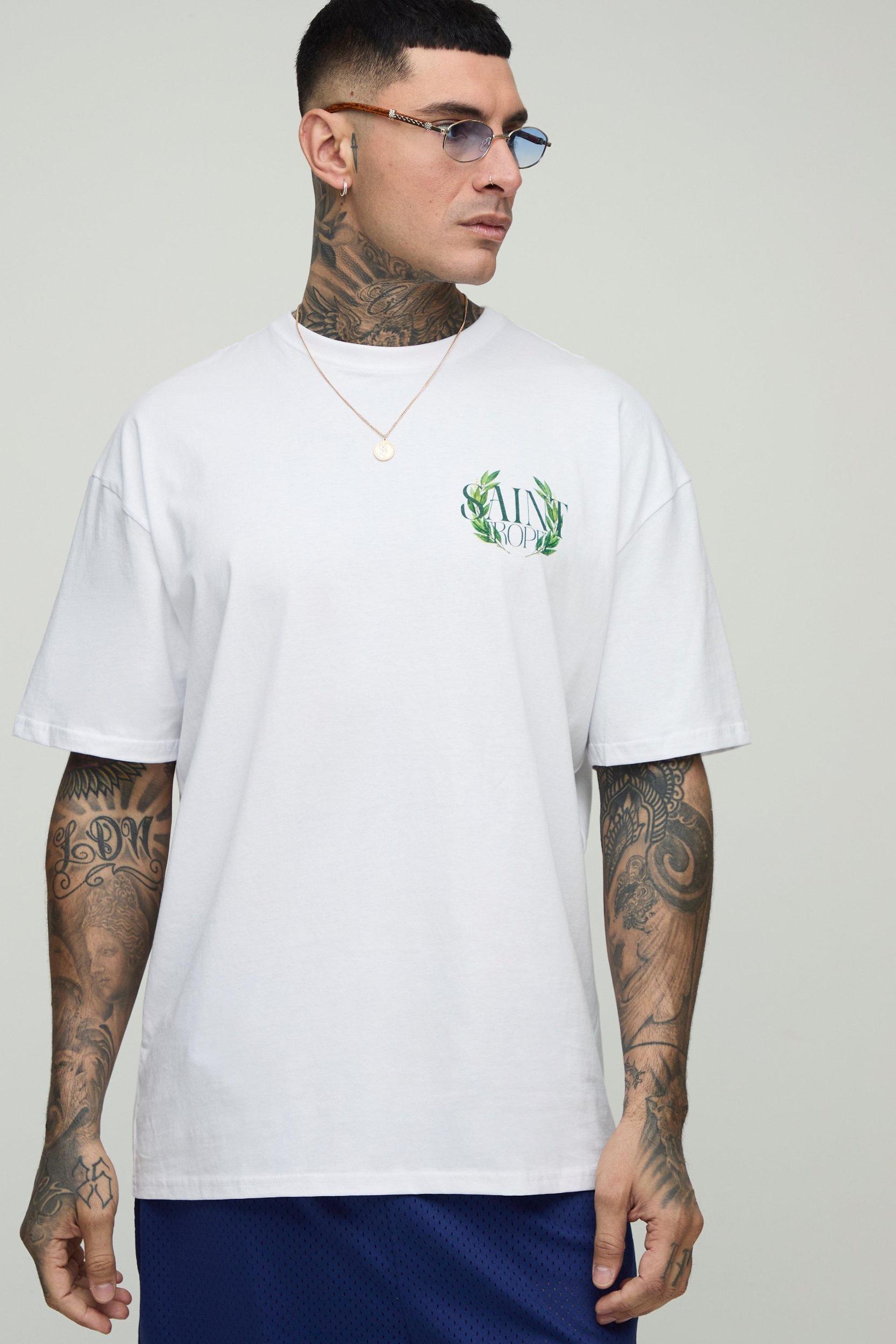 Tall Oversized Saint Tropez Fruit Bowl Print T-Shirt | boohooMAN USA Product Image