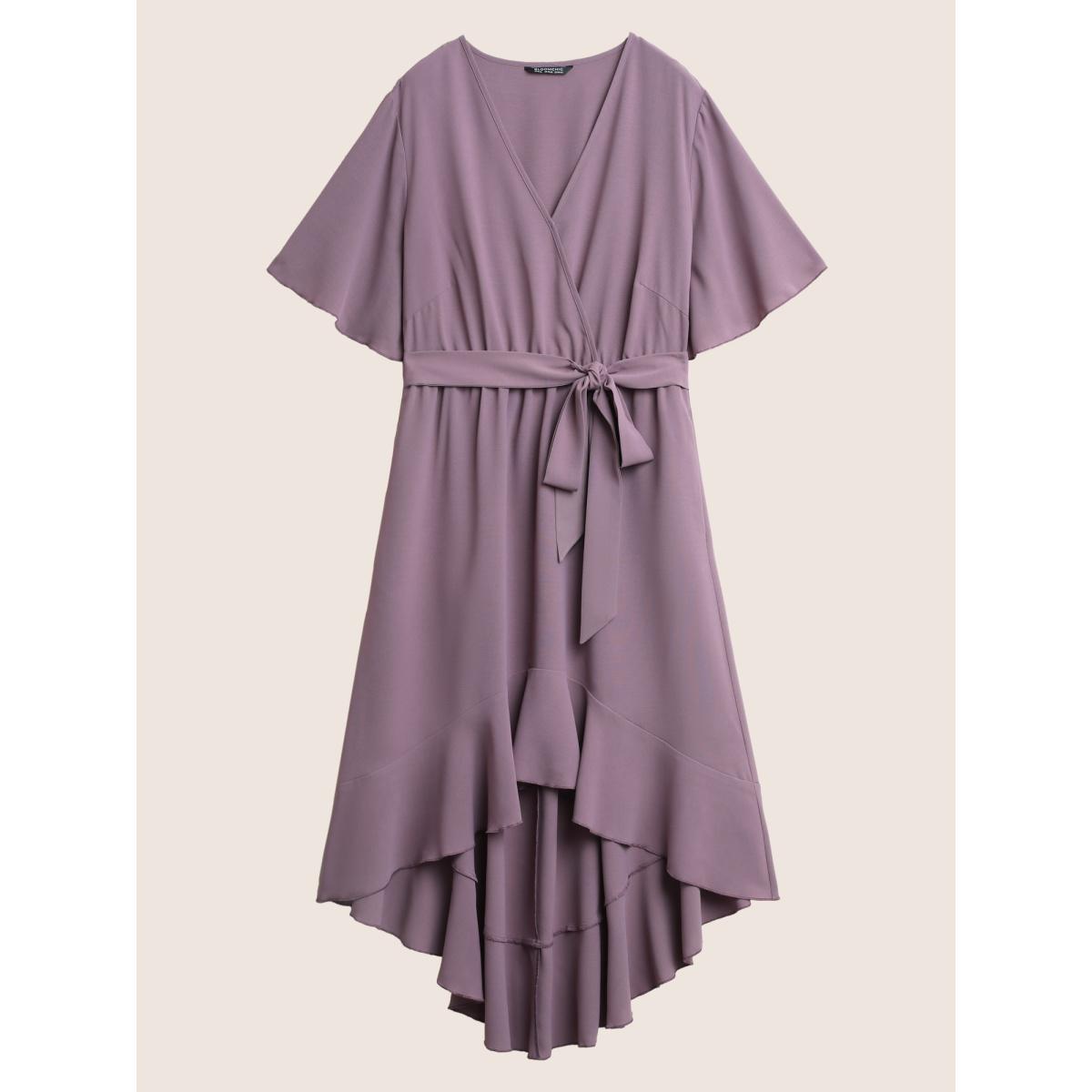 Plus Size Bloom Dress - Solid Tie Surplice Ruffle High Low Dress Plum Women Romantic Cross straps V-neck Short sleeve Curvy Midi Dress BloomChic 10/M Product Image
