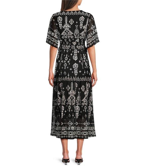 Calessa Modern Mosaic V-Neck Short Sleeve Tiered A-line Midi Dress Product Image