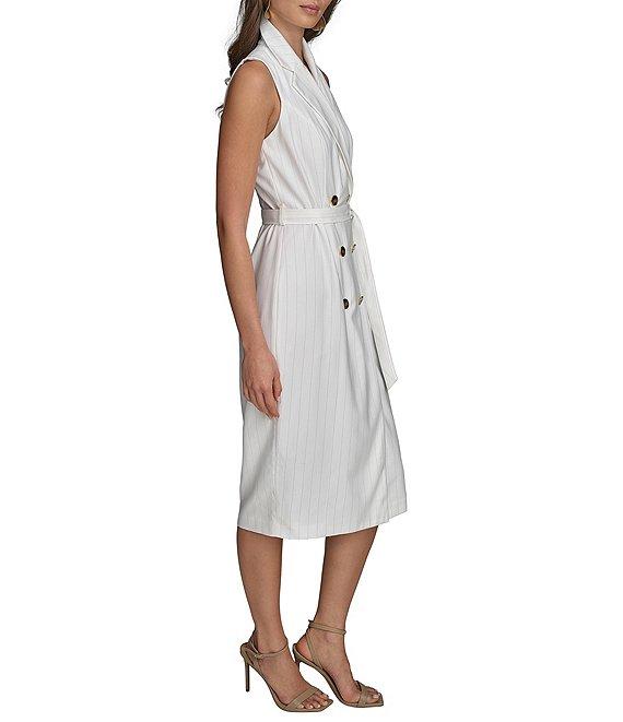 Donna Karan Pinstripe Collared V-Neck Sleeveless Tie Sash Midi Sheath Dress Product Image