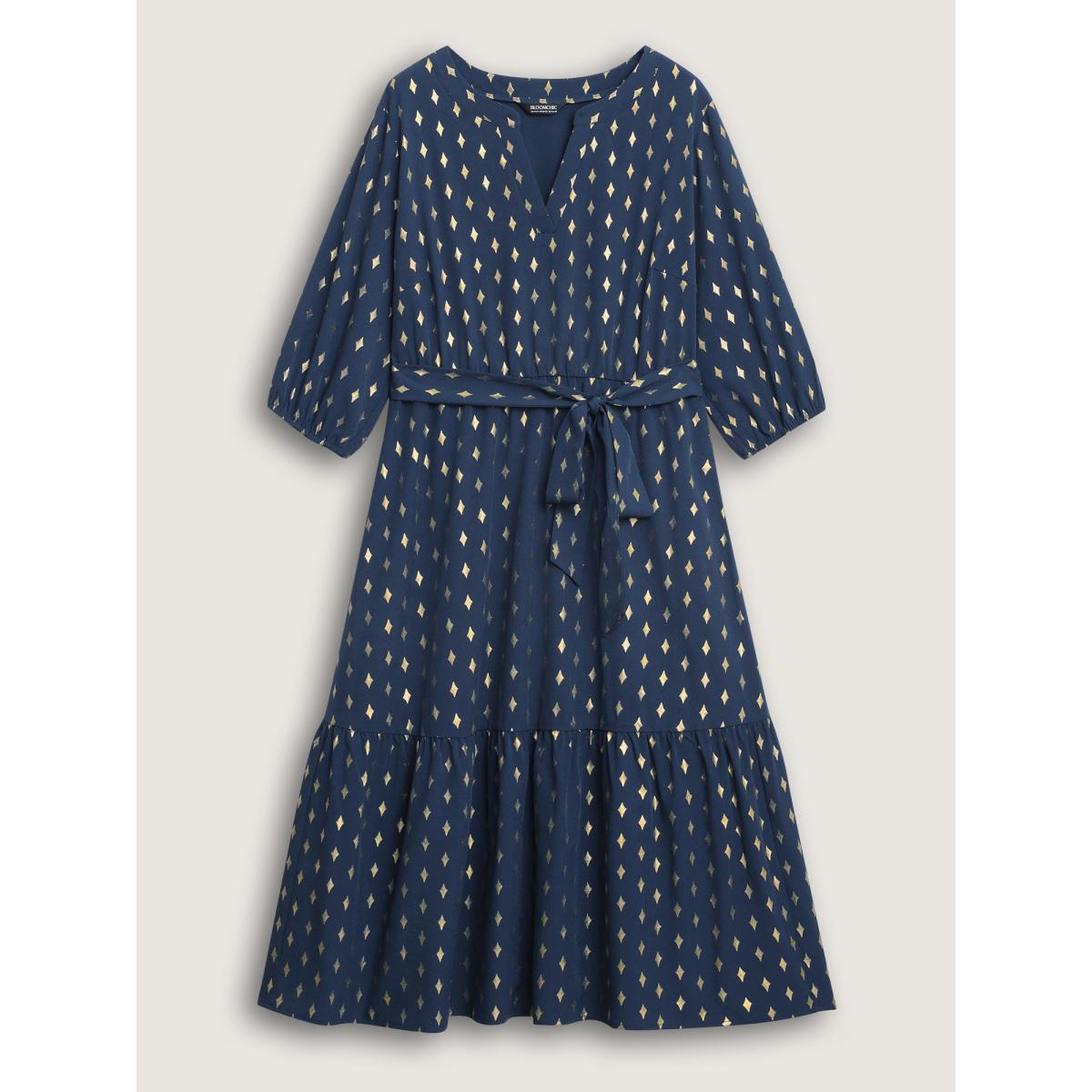 Plus Size Glitter Notched Lantern Sleeve Midi Dress Indigo Women Party&Cocktail Gathered Notched collar Elbow-length sleeve Curvy BloomChic 22-24/3X Product Image