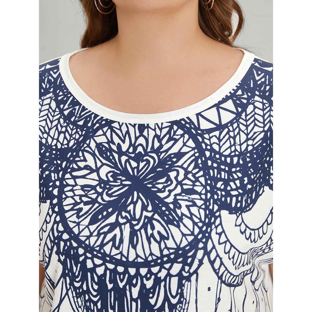 Plus Size Boho Print Batwing Sleeve Crew Neck T-shirt Multicolor Women Casual Printed Bohemian Print Round Neck Dailywear T-shirts BloomChic 14-16/1X Product Image