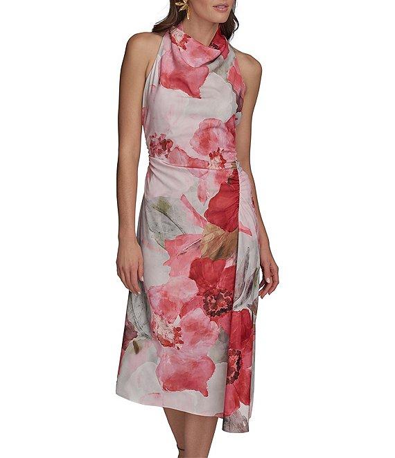 Donna Karan Floral Print Halter Neck Satin Slip Midi Dress Product Image