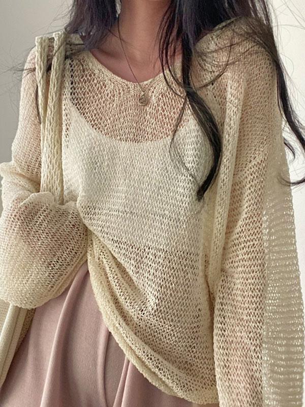 Oversized Long Sleeve Crochet Knit Top Product Image