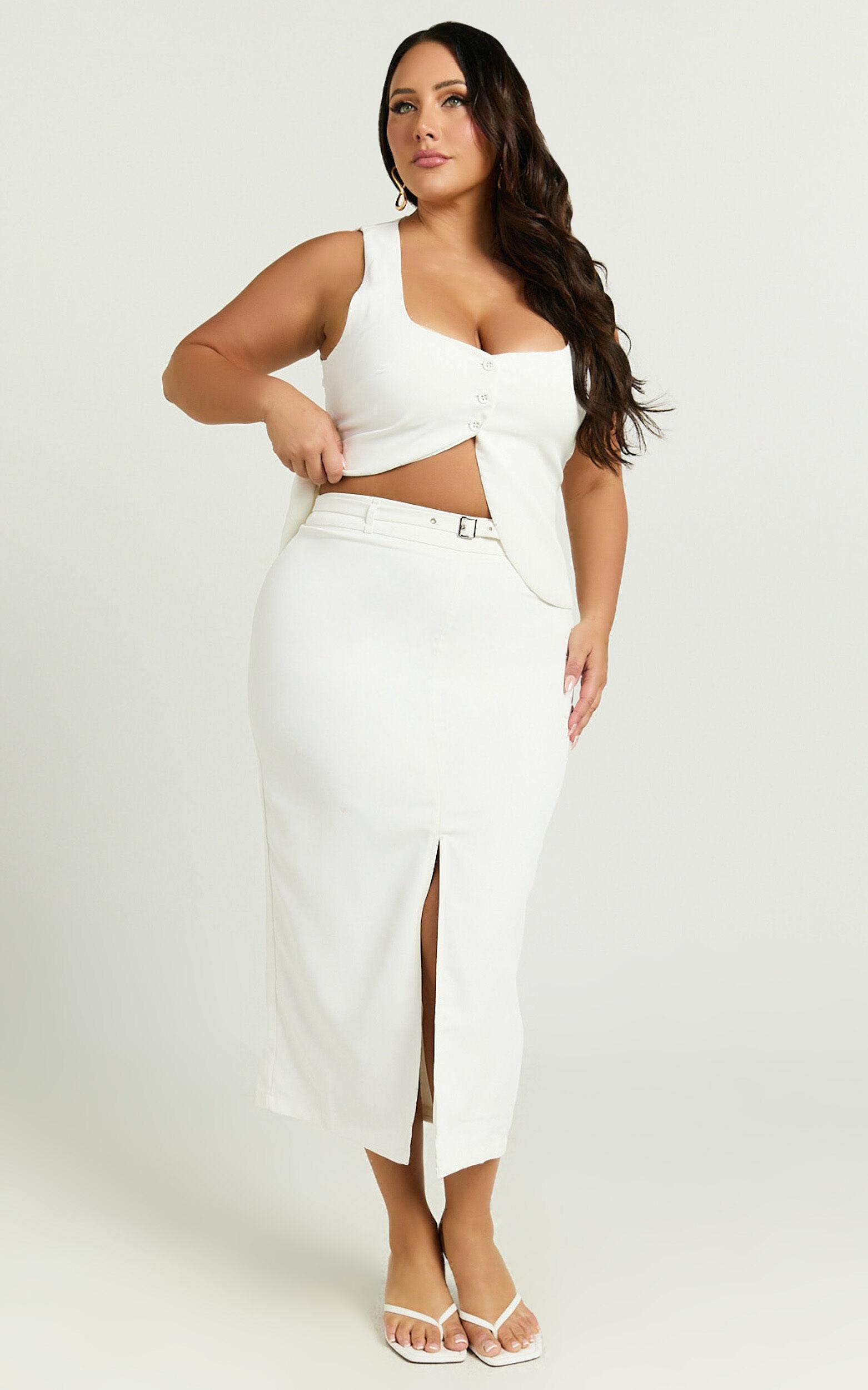 Romeo Midi Skirt - High Waisted Front Split Pencil Skirt in White Product Image