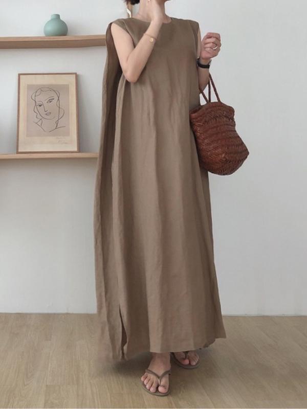 Casual Simple Solid Color Split-Side Round-Neck Sleeveless Midi Dress Product Image