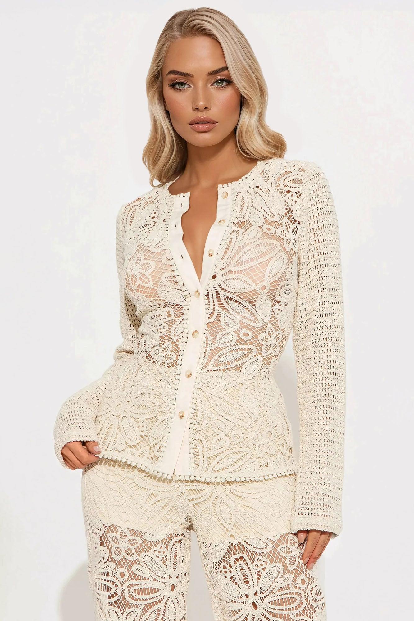 Saint Tropez Crochet Pant Set - Beige Product Image