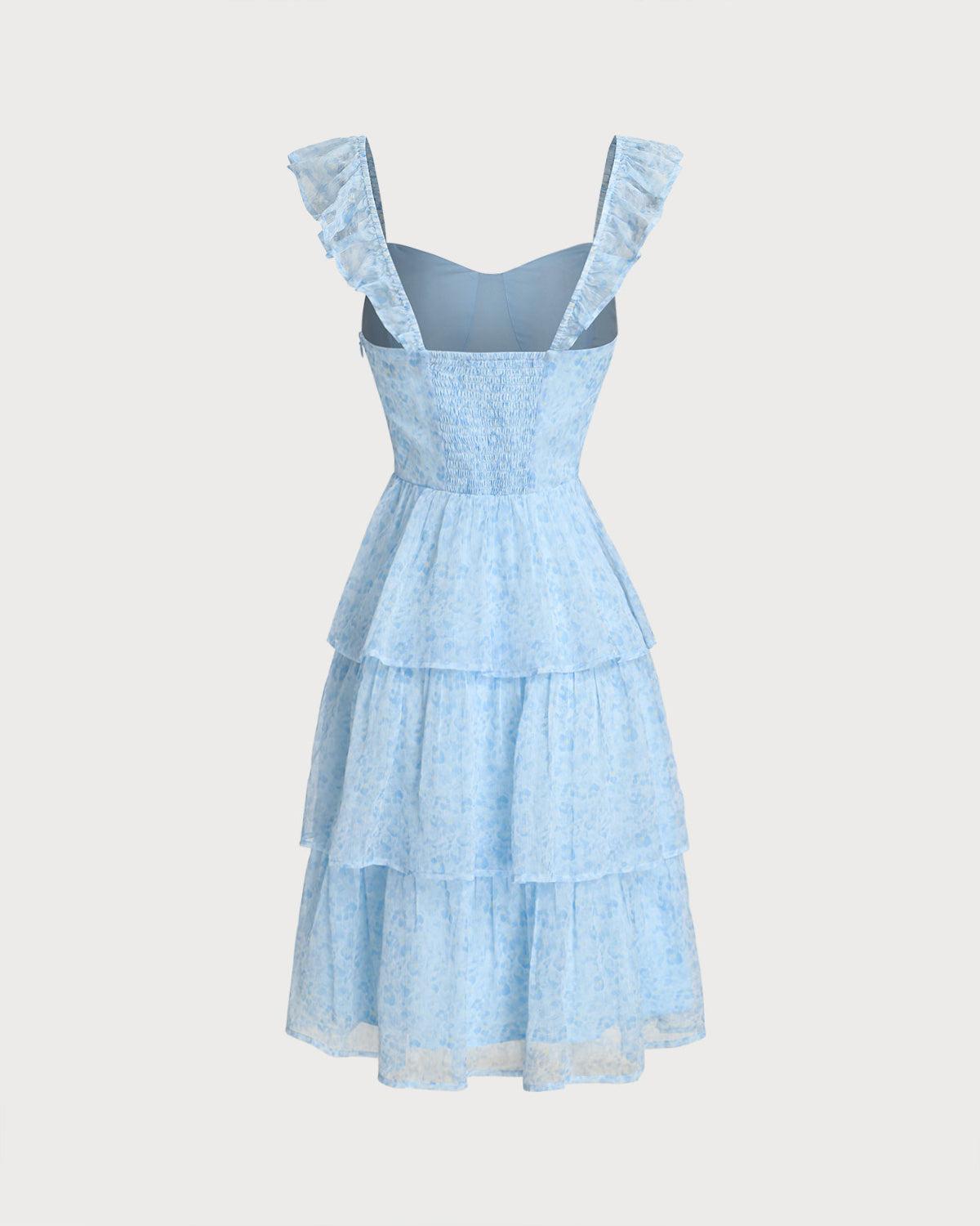 Blue Sweetheart Neck Tiered Midi Dress Product Image