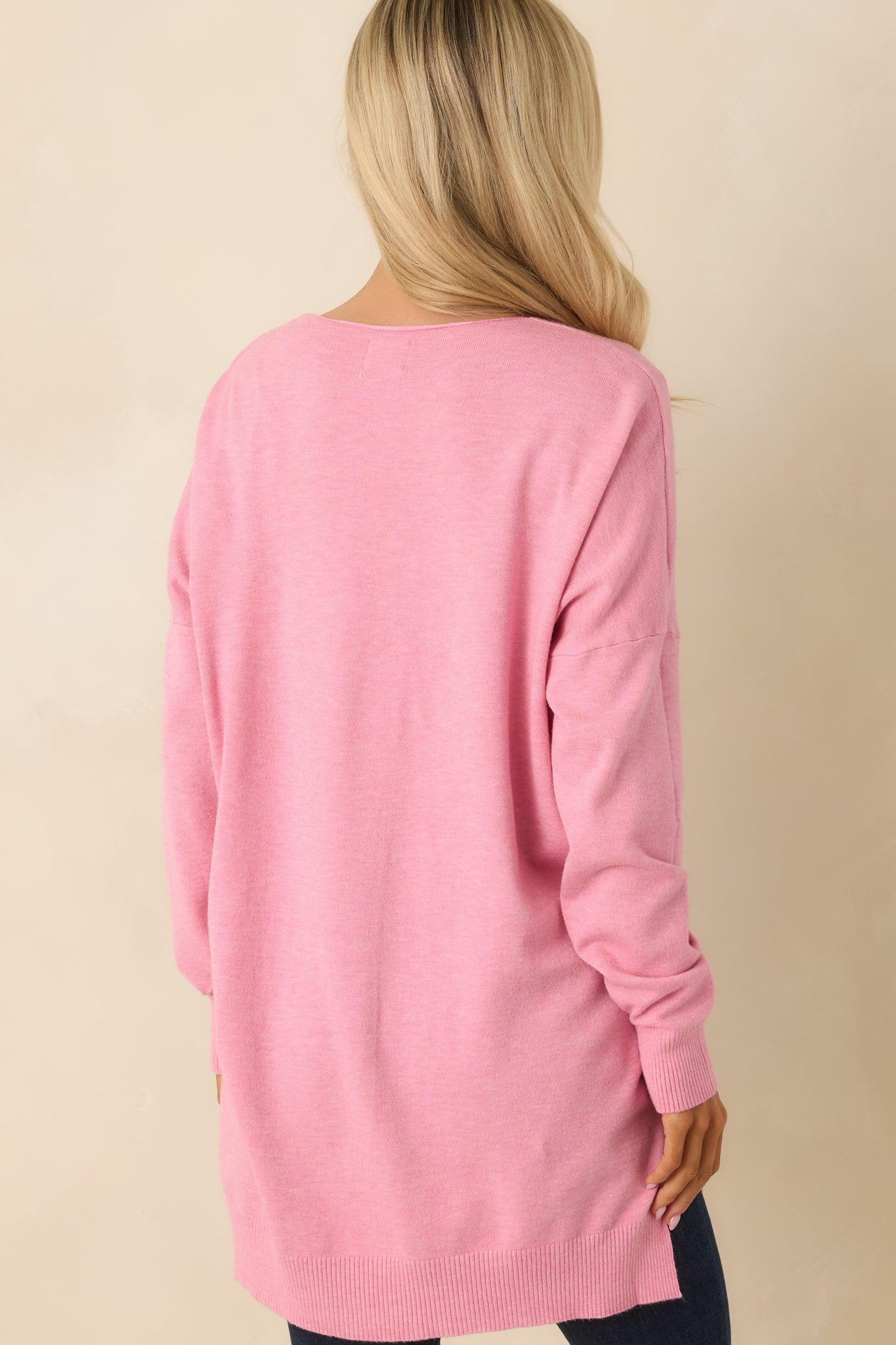 Wind Down Bubblegum Pink Knit Long Sleeve V-Neck Sweater Product Image