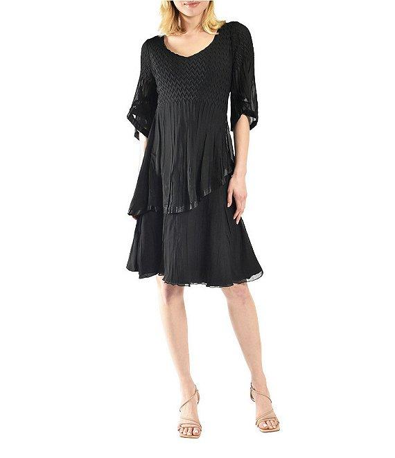 Komarov Chiffon Charmeuse Accordion Pleated V-Neck Elbow Sleeve Asymmetrical Tiered Dress Product Image
