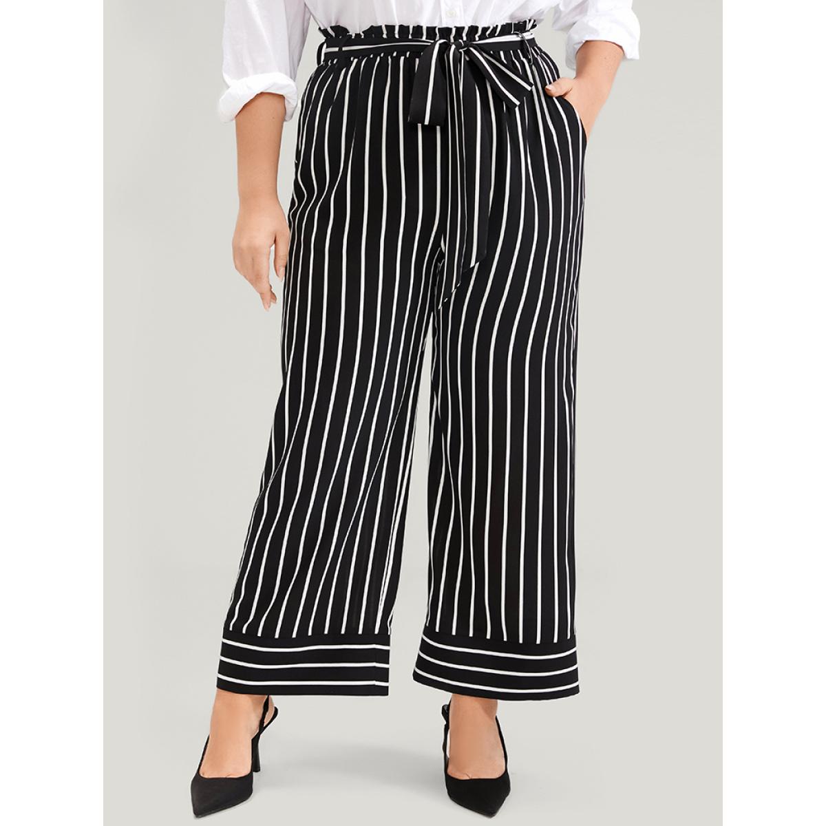 Plus Size Striped Patchwork Pocket Belted Elastic Waist Pants Women Black Office High Rise Work Pants BloomChic 14-16/1X Product Image