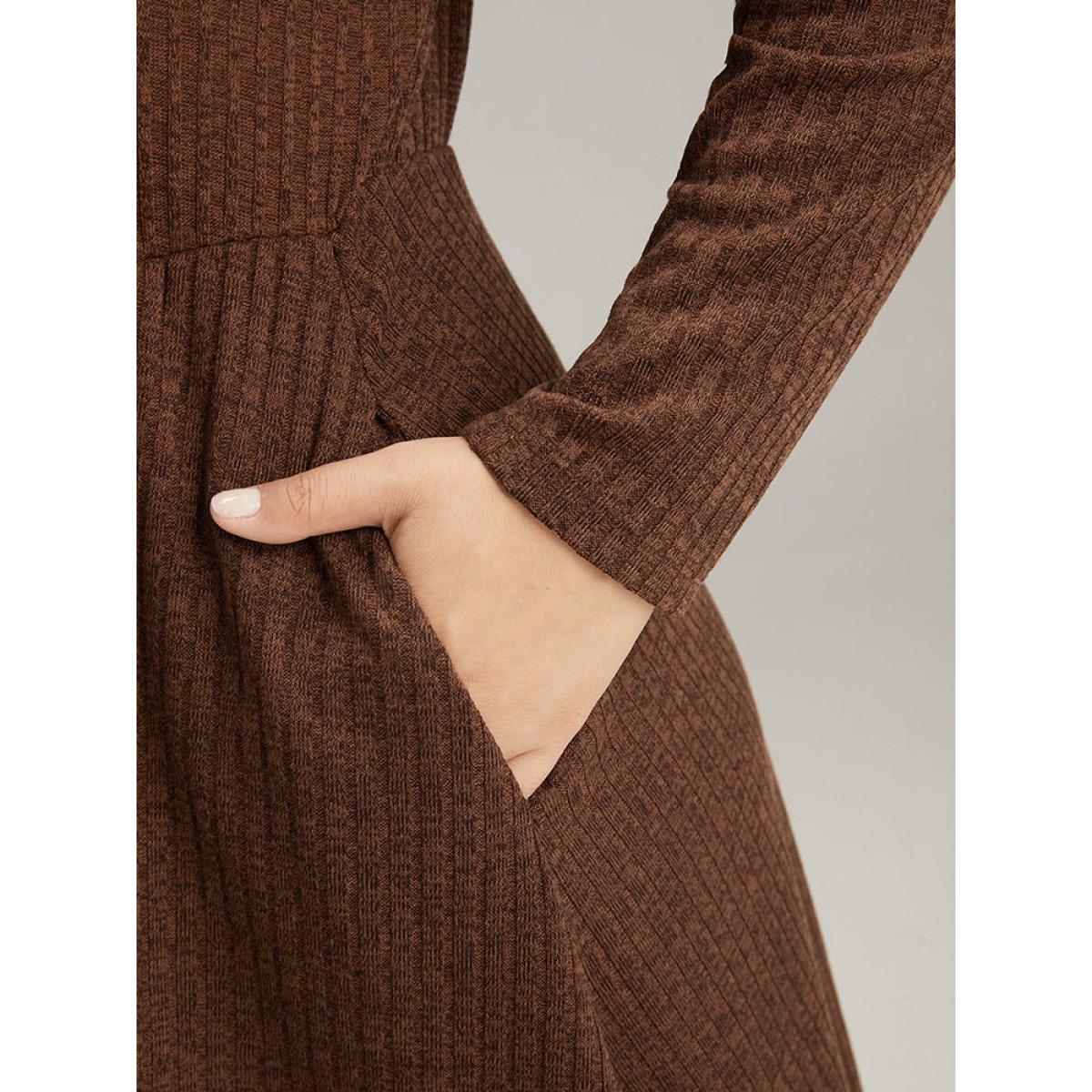 Plus Size Rib Knit Button Detail Gathered Dress DarkBrown Women Casual Texture Round Neck Long Sleeve Curvy Midi Dress BloomChic 12/L Product Image