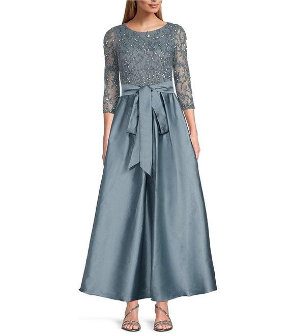 Pisarro Nights Beaded Bodice Boat Neck 3/4 Sleeve Taffeta Gown Product Image