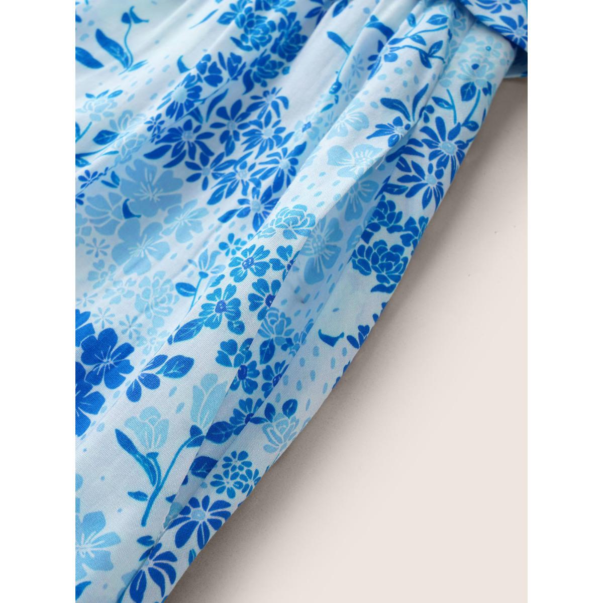 Plus Size V Neck Floral Ruffles Tie Knot Dress Skyblue Women Elegant Tie knot V-neck Short sleeve Curvy Midi Dress BloomChic 22-24/3X Product Image