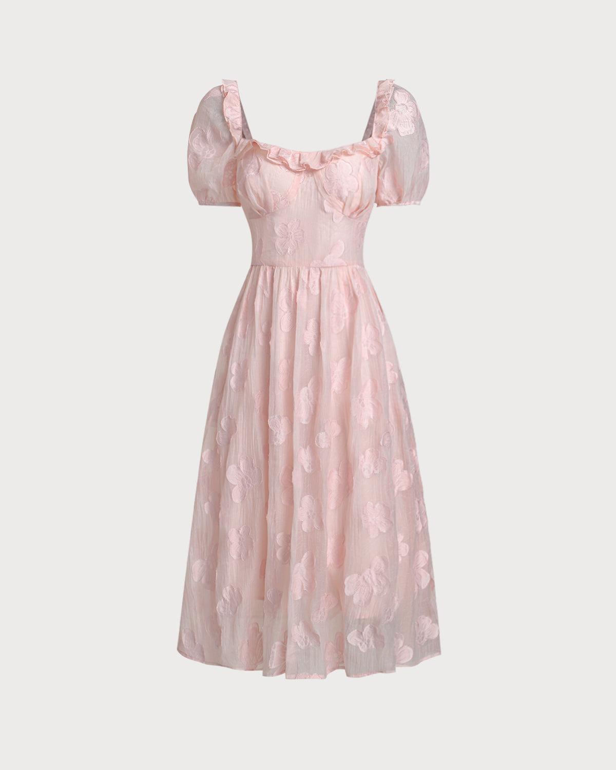 Pink Square Neck Puffed Sleeve Midi Dress Product Image