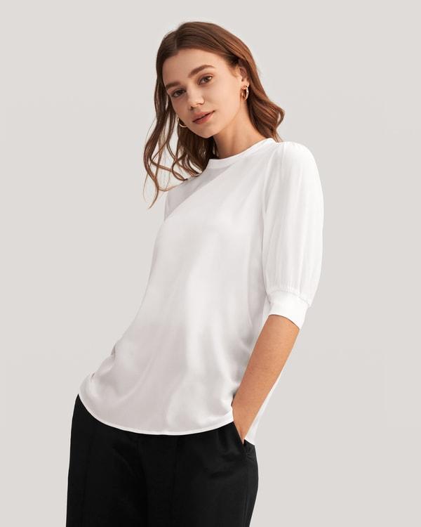 Elegant Casual Silk Tee With Rib Cuff Product Image